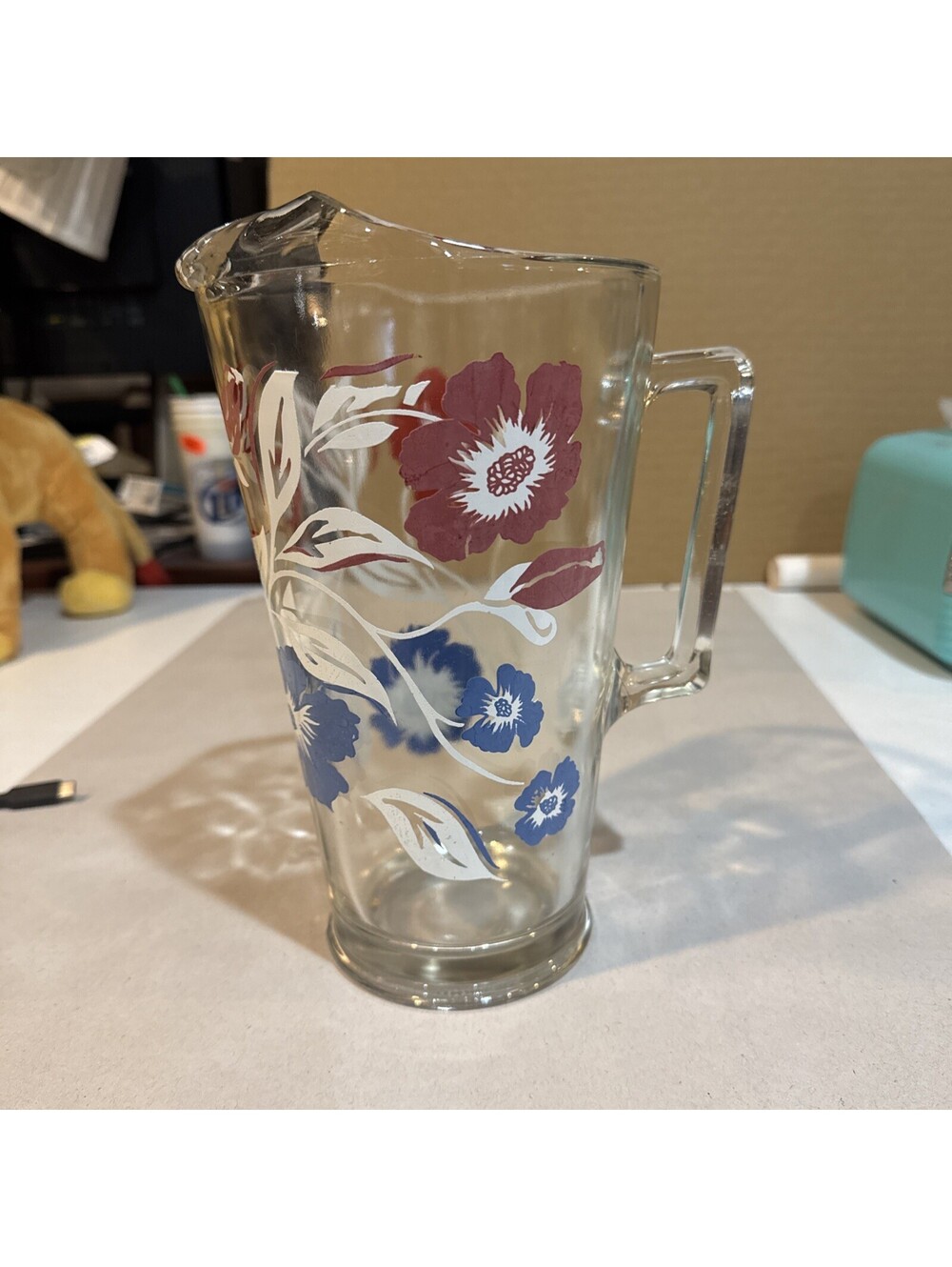 Vintage Mid-Century Floral Glass Pitcher